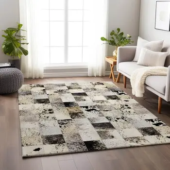 10' X 14' Granite Gray Ivory And Black Patchwork Washable Area Rug With UV Protection