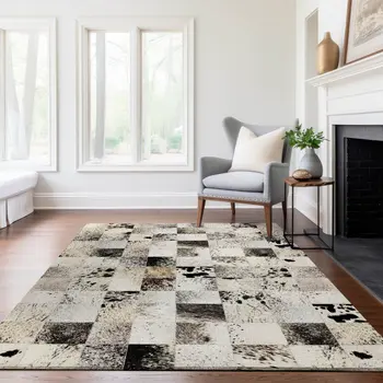 10' X 14' Granite Gray Ivory And Black Patchwork Washable Area Rug With UV Protection