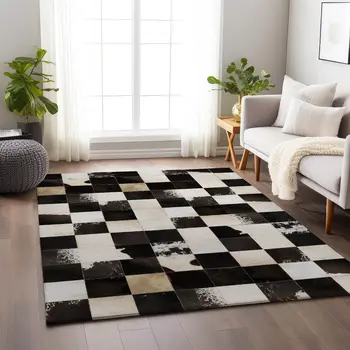 3' X 5' Black Ivory And Beige Patchwork Washable Area Rug With UV Protection