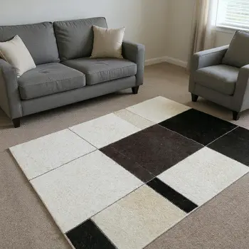 8' X 10' Black Ivory And Beige Patchwork Washable Area Rug With UV Protection