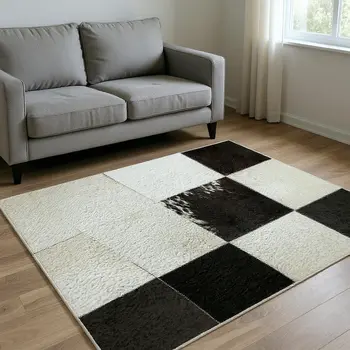 9' X 12' Black Ivory And Beige Patchwork Washable Area Rug With UV Protection