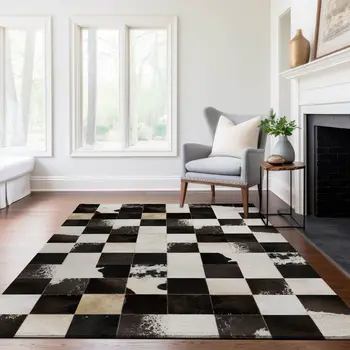 10' X 14' Black Ivory And Beige Patchwork Washable Area Rug With UV Protection