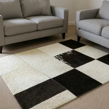 10' X 14' Black Ivory And Beige Patchwork Washable Area Rug With UV Protection