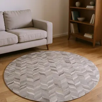 8' Gray And Ivory Geometric Washable Round Rug With UV Protection