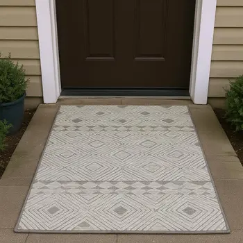 3' X 5' Taupe And Ivory Geometric Washable Area Rug With UV Protection