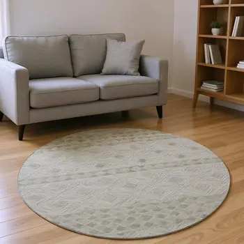 8' Taupe And Ivory Geometric Washable Round Rug With UV Protection
