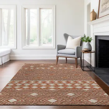 5' X 8' Burnt Sienna And Ivory Geometric Washable Area Rug With UV Protection