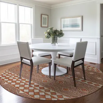 8' Burnt Sienna And Ivory Geometric Washable Round Rug With UV Protection