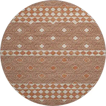 8' Burnt Sienna And Ivory Geometric Washable Round Rug With UV Protection