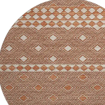 8' Burnt Sienna And Ivory Geometric Washable Round Rug With UV Protection