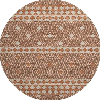 8' Burnt Sienna And Ivory Geometric Washable Round Rug With UV Protection