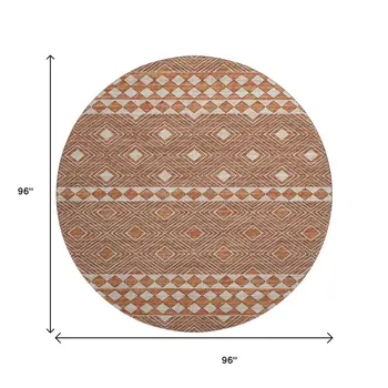 8' Burnt Sienna And Ivory Geometric Washable Round Rug With UV Protection
