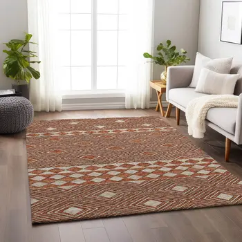 9' X 12' Burnt Sienna And Ivory Geometric Washable Area Rug With UV Protection