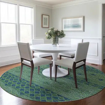 8' Green And Navy Blue Geometric Washable Round Rug With UV Protection