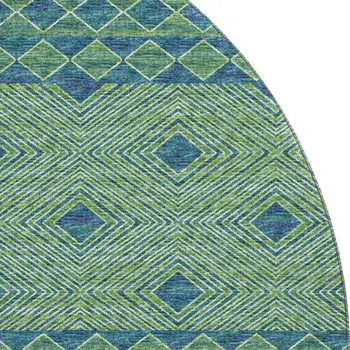 8' Green And Navy Blue Geometric Washable Round Rug With UV Protection