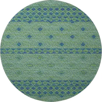 8' Green And Navy Blue Geometric Washable Round Rug With UV Protection