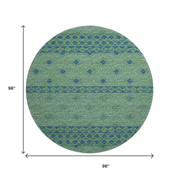 8' Green And Navy Blue Geometric Washable Round Rug With UV Protection