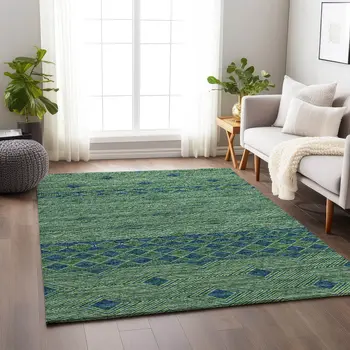 10' X 14' Green And Navy Blue Geometric Washable Area Rug With UV Protection