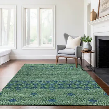 10' X 14' Green And Navy Blue Geometric Washable Area Rug With UV Protection