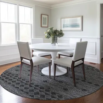 8' Gray And Black Geometric Washable Round Rug With UV Protection