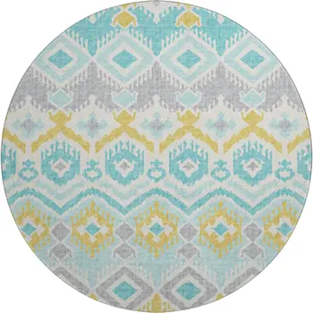 8' Aqua Ivory And Gold Tribal Washable Round Rug With UV Protection