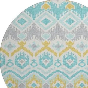 8' Aqua Ivory And Gold Tribal Washable Round Rug With UV Protection