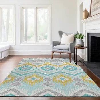 9' X 12' Aqua Ivory And Gold Tribal Washable Area Rug With UV Protection