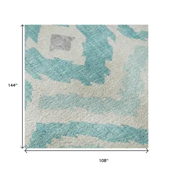 9' X 12' Aqua Ivory And Gold Tribal Washable Area Rug With UV Protection