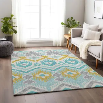 10' X 14' Aqua Ivory And Gold Tribal Washable Area Rug With UV Protection