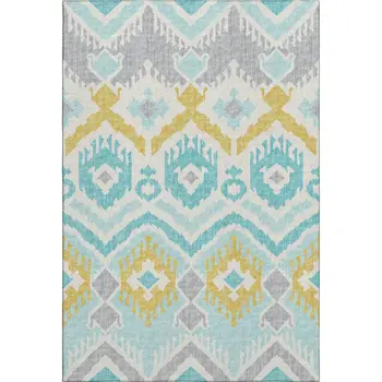 10' X 14' Aqua Ivory And Gold Tribal Washable Area Rug With UV Protection