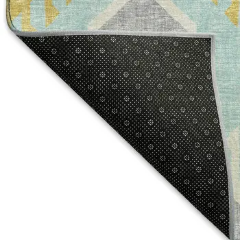 10' X 14' Aqua Ivory And Gold Tribal Washable Area Rug With UV Protection