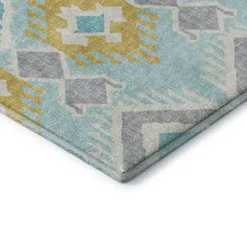 10' X 14' Aqua Ivory And Gold Tribal Washable Area Rug With UV Protection