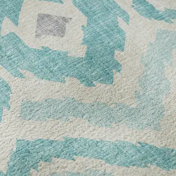 10' X 14' Aqua Ivory And Gold Tribal Washable Area Rug With UV Protection
