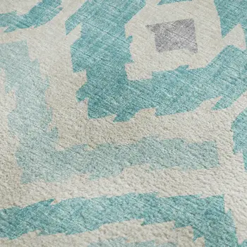 10' X 14' Aqua Ivory And Gold Tribal Washable Area Rug With UV Protection