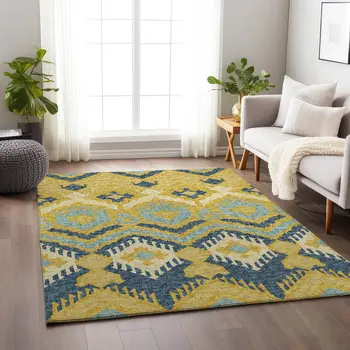 3' X 5' Yellow Ivory And Navy Blue Tribal Washable Area Rug With UV Protection