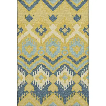3' X 5' Yellow Ivory And Navy Blue Tribal Washable Area Rug With UV Protection