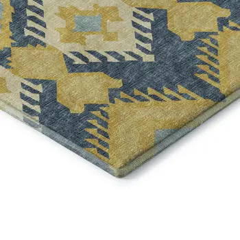 3' X 5' Yellow Ivory And Navy Blue Tribal Washable Area Rug With UV Protection