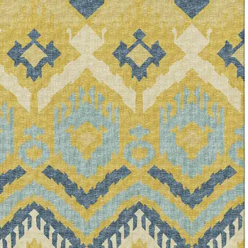 3' X 5' Yellow Ivory And Navy Blue Tribal Washable Area Rug With UV Protection