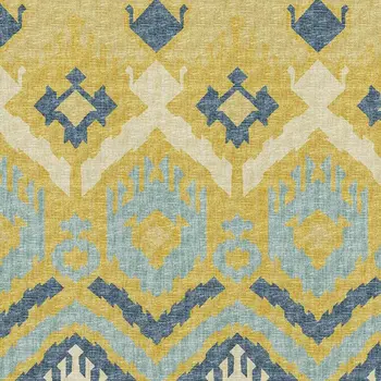 5' X 8' Yellow Ivory And Navy Blue Tribal Washable Area Rug With UV Protection