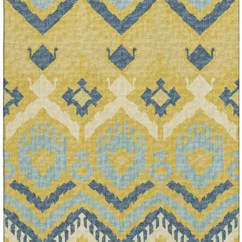 5' X 8' Yellow Ivory And Navy Blue Tribal Washable Area Rug With UV Protection