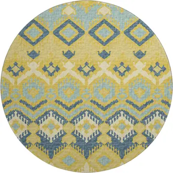 8' Yellow Ivory And Navy Blue Tribal Washable Round Rug With UV Protection