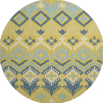 8' Yellow Ivory And Navy Blue Tribal Washable Round Rug With UV Protection