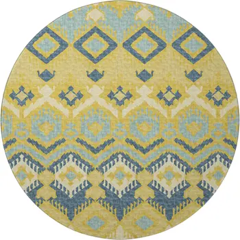 8' Yellow Ivory And Navy Blue Tribal Washable Round Rug With UV Protection