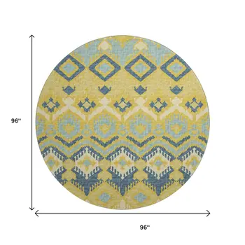 8' Yellow Ivory And Navy Blue Tribal Washable Round Rug With UV Protection
