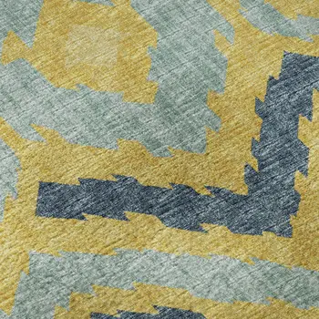 8' X 10' Yellow Ivory And Navy Blue Tribal Washable Area Rug With UV Protection