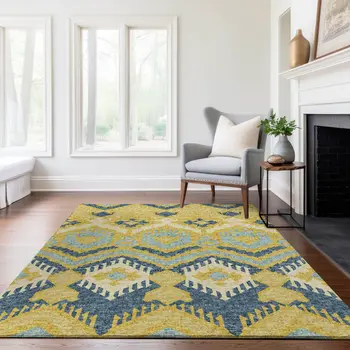 8' X 10' Yellow Ivory And Navy Blue Tribal Washable Area Rug With UV Protection
