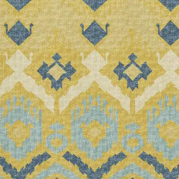 8' X 10' Yellow Ivory And Navy Blue Tribal Washable Area Rug With UV Protection