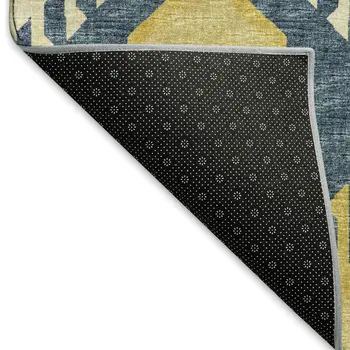 10' X 14' Yellow Ivory And Navy Blue Tribal Washable Area Rug With UV Protection