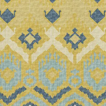 10' X 14' Yellow Ivory And Navy Blue Tribal Washable Area Rug With UV Protection