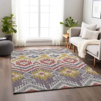 5' X 8' Purple Ivory And Gold Tribal Washable Area Rug With UV Protection